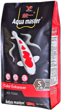 A 2kg bag of Unif Aqua master Color Enhancer Koi Food for young fish, featuring a black and red packaging design with a koi fish illustration.