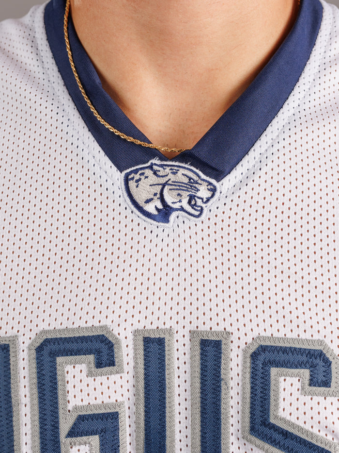 Augusta University men's basketball jersey by Arena Graffiti, navy blue with white number 28 and university logo on front.