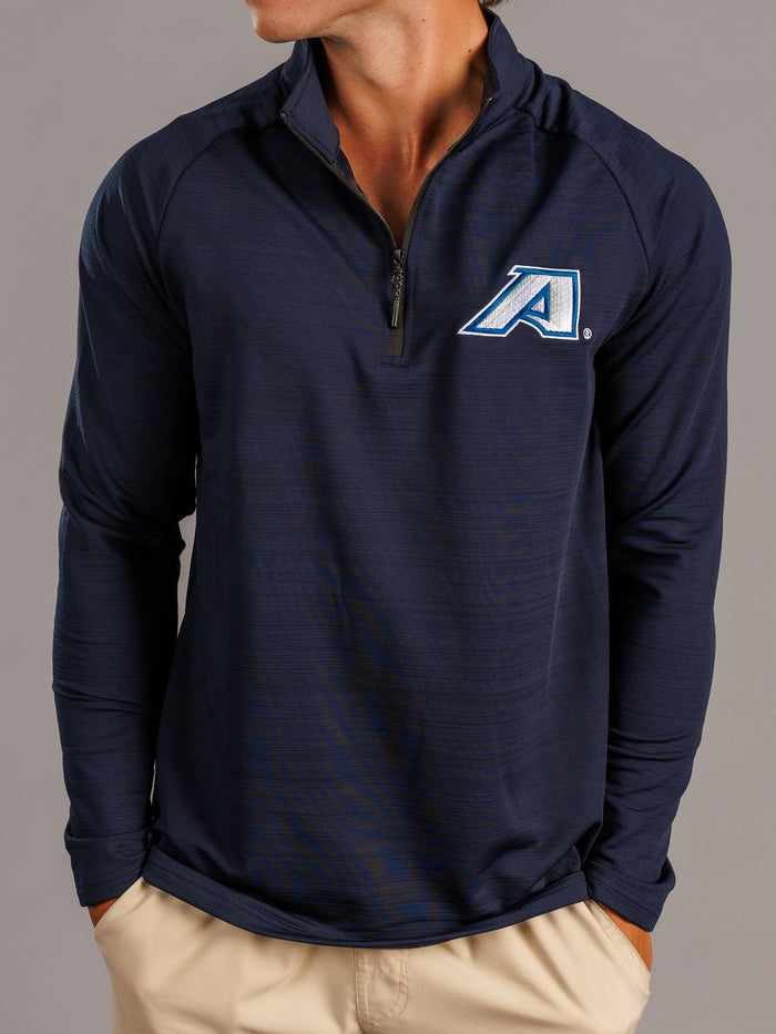 Men's navy quarter zip sweatshirt by Arena Graffiti with Augusta University "A" logo on the chest.