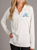 White men's quarter zip sweatshirt with "A" logo from Augusta University by Arena Graffiti, shown on a hanger.