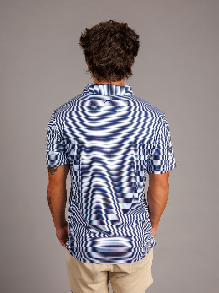 Arena Graffiti Augusta University men's "Jag Head" striped polo shirt, featuring university logo and classic collar design.