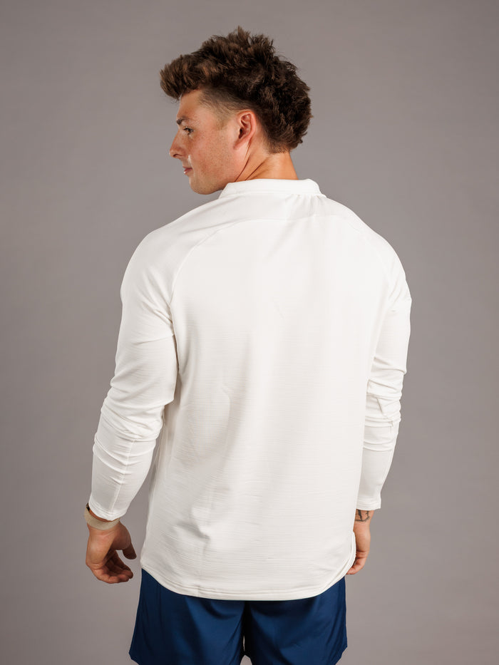 Arena Graffiti Augusta University men's white "Jag Head" quarter zip sweatshirt, featuring university logo and athletic style.