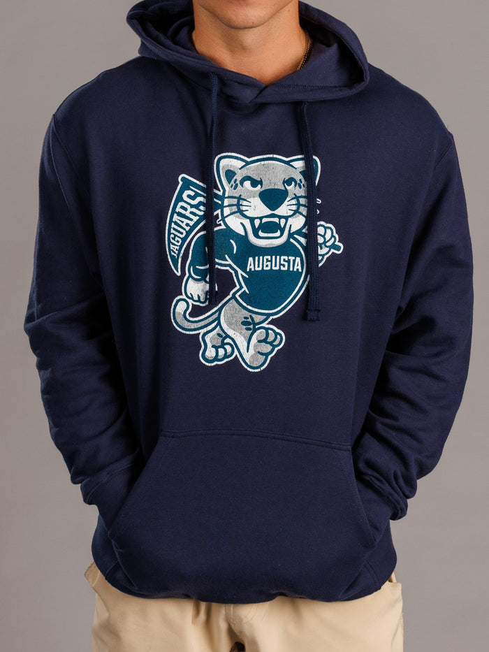 Men's navy hoodie featuring Augusta University "Walking Jag" logo by Arena Graffiti, casual athletic wear with front pocket and drawstrings.