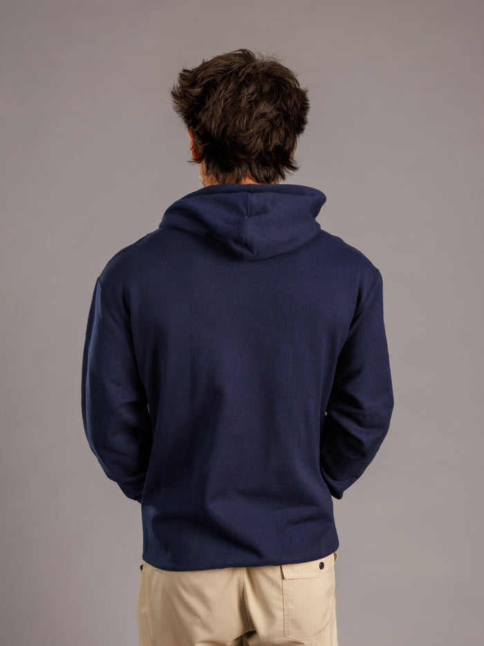Navy hoodie for men featuring Augusta University "Walking Jag" logo, by Arena Graffiti, casual sportswear for students and fans.