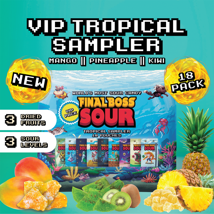 Final Boss VIP Sampler Pack - Sour Candy - 18 Pouches of Sour Strawberries, Blueberries, Mango, Kiwi, Pineapple, and Cranberries - 3 Level Sour Challenge