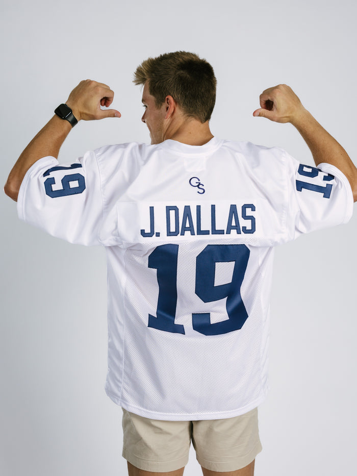 Georgia Southern men's "JD" white jersey by Arena Graffiti, featuring team logo and athletic design on front.