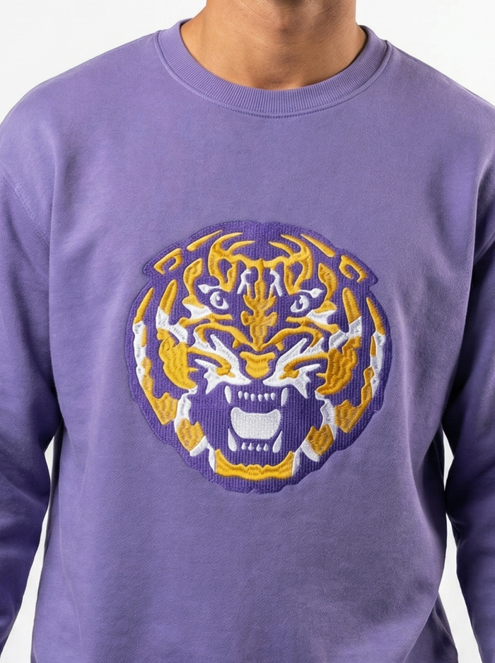 LSU Tigers men's Mike heavyweight crewneck sweatshirt by Arena Graffiti, navy blue with team logo and branding.