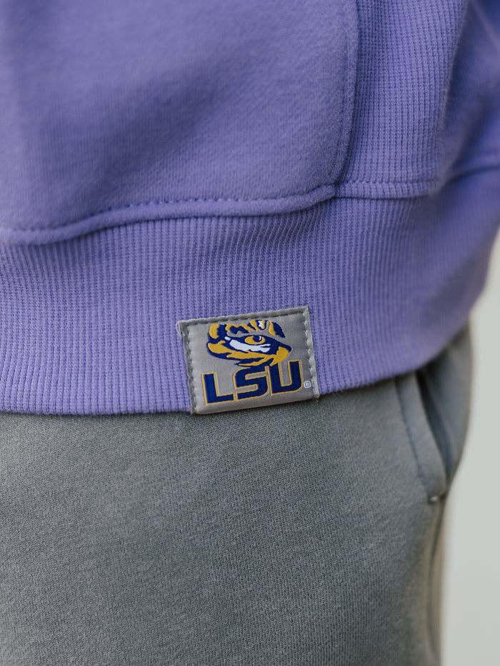 LSU Tigers men's "Mike" heavyweight crewneck sweatshirt by Arena Graffiti, featuring team logo and bold design on gray fabric.