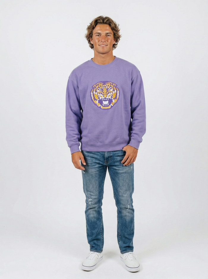 LSU Tigers men's "Mike" heavyweight crewneck sweatshirt by Arena Graffiti, featuring team logo and navy fabric.