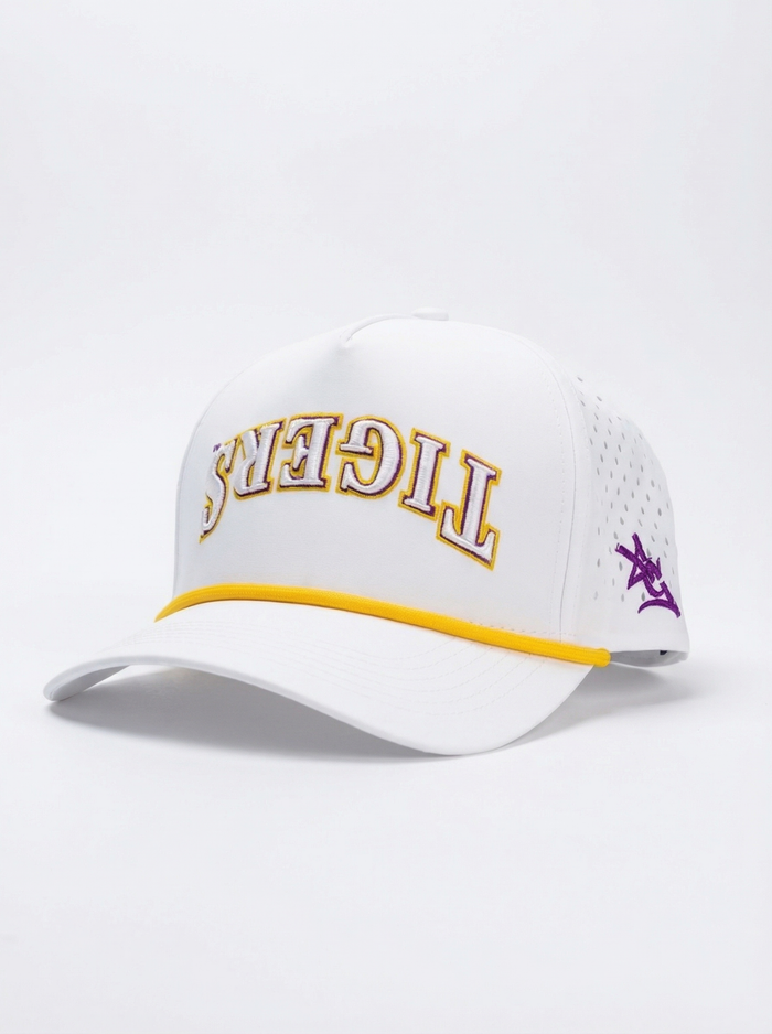 LSU Tigers Unisex | "Upside Down Tigers" Moisture Wicking White Hat