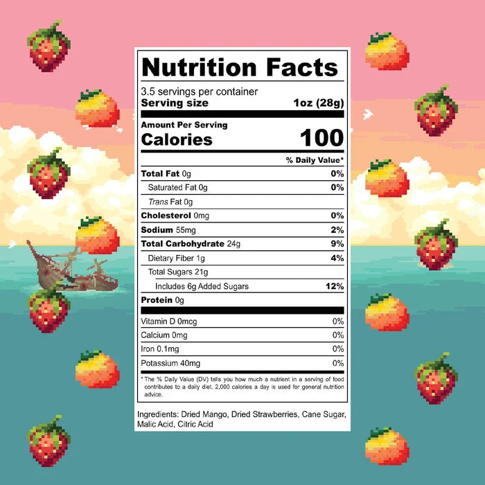 Calories per serving for Strawberry Mango: 100 per serving, 3.5 servings per container. 
0g fat
0mg cholesterol
55mg sodium
24g carbohydrates
total sugars 21g, includes 6g added sugar