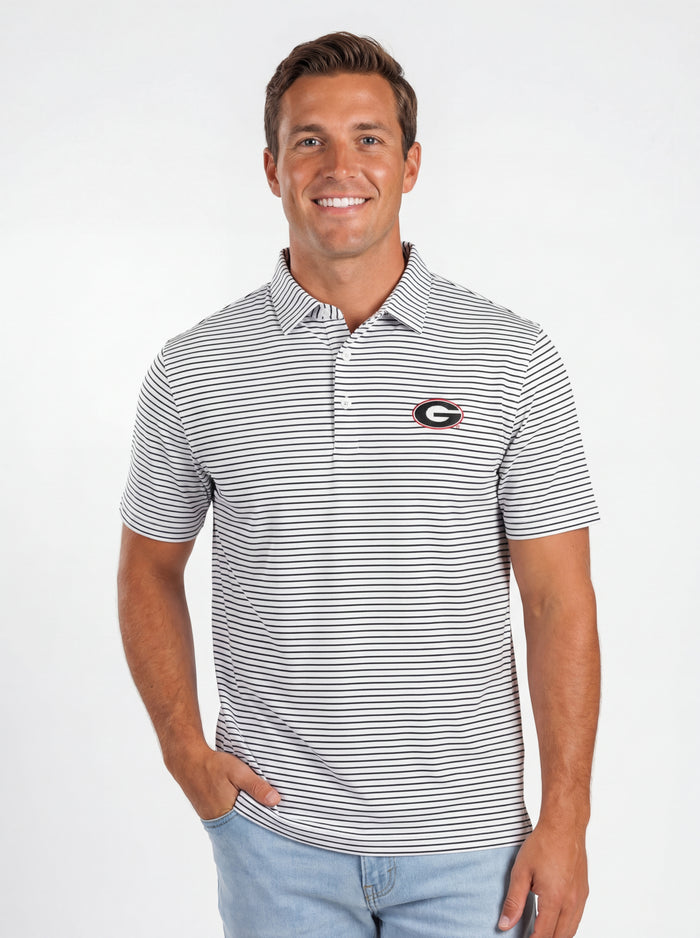 UGA Bulldogs men's Stripe Mark Polo by Arena Graffiti, featuring a striped design and classic collar on a casual men's shirt.