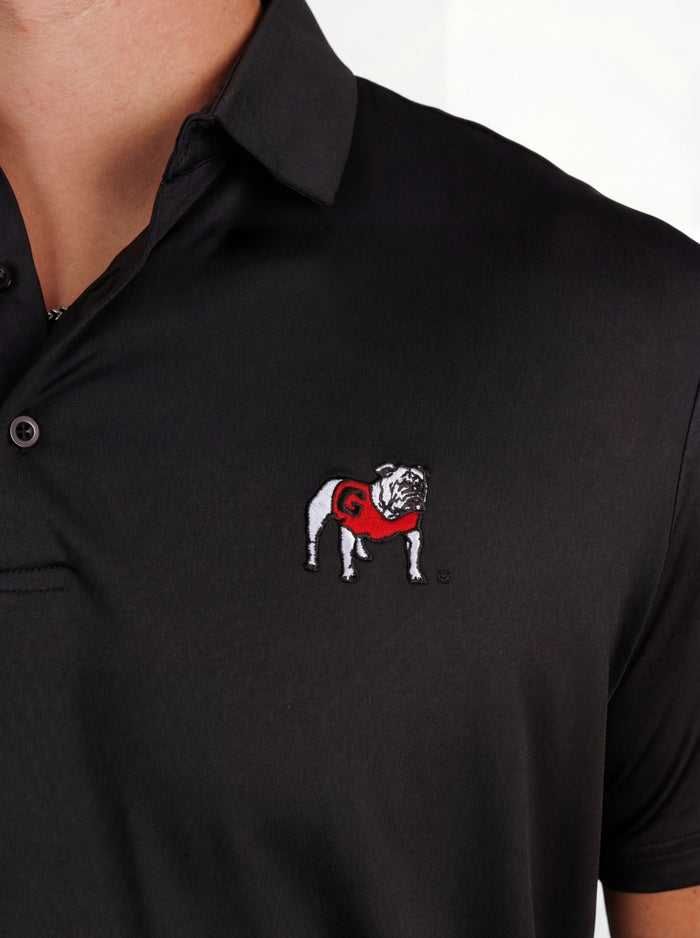 UGA Bulldogs men's Blackout Dawg polo shirt by Arena Graffiti, featuring black fabric and team logo design.
