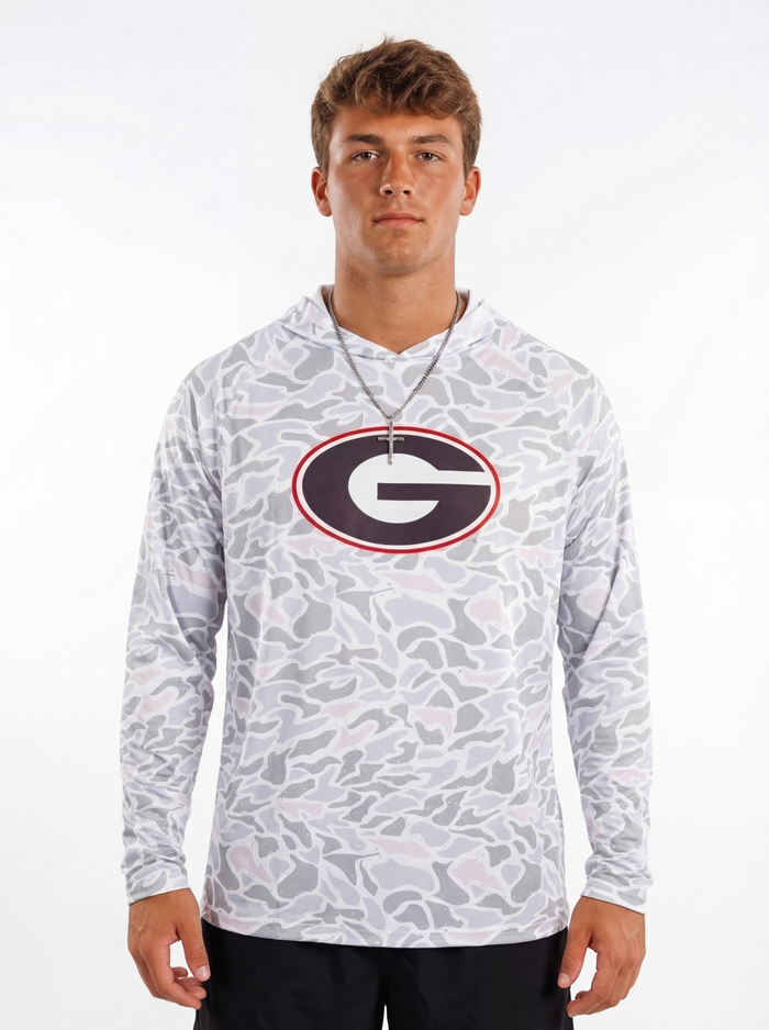 UGA Bulldogs men’s Camo G Angler fishing shirt by Arena Graffiti, featuring camouflage pattern and athletic fit.