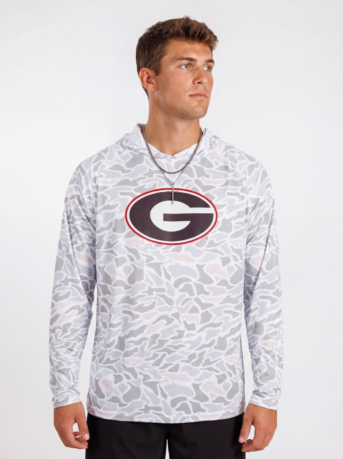 UGA Bulldogs men's Camo G Angler fishing shirt by Arena Graffiti featuring camouflage pattern and fishing-themed design.