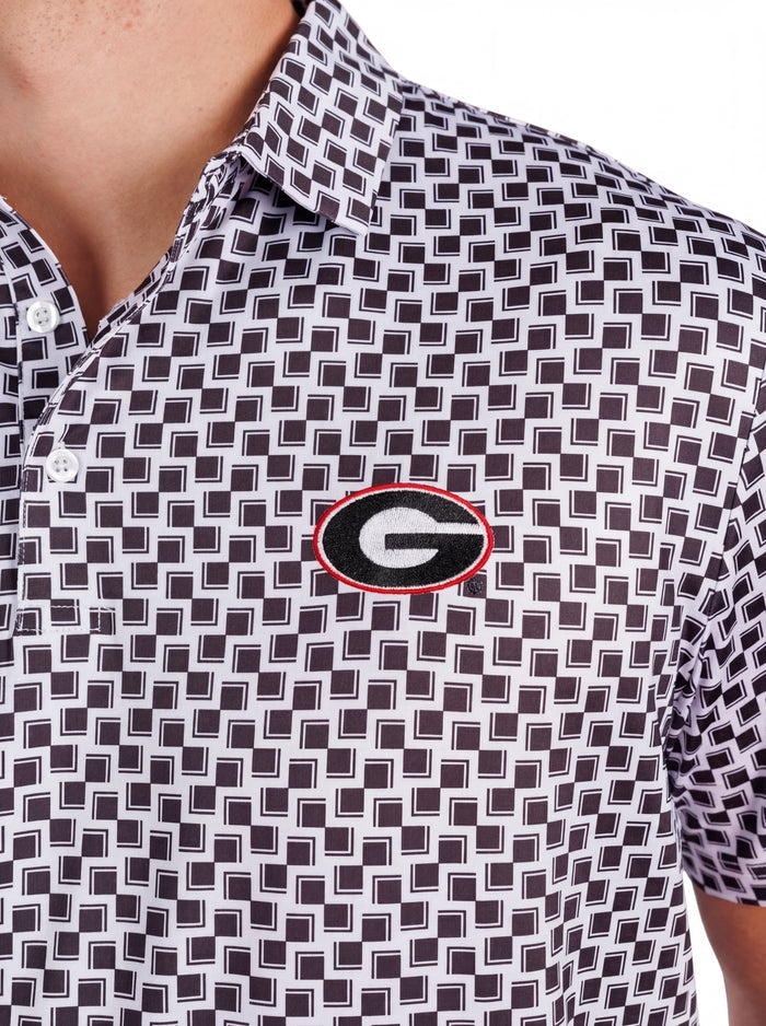UGA Bulldogs men's checkered mark polo shirt by Arena Graffiti, featuring a classic checkered pattern and team logo.