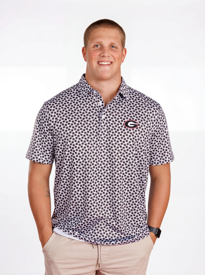 Men's UGA Bulldogs “Checkered Mark” Polo shirt by Arena Graffiti, featuring a checkered pattern and UGA Bulldogs branding.