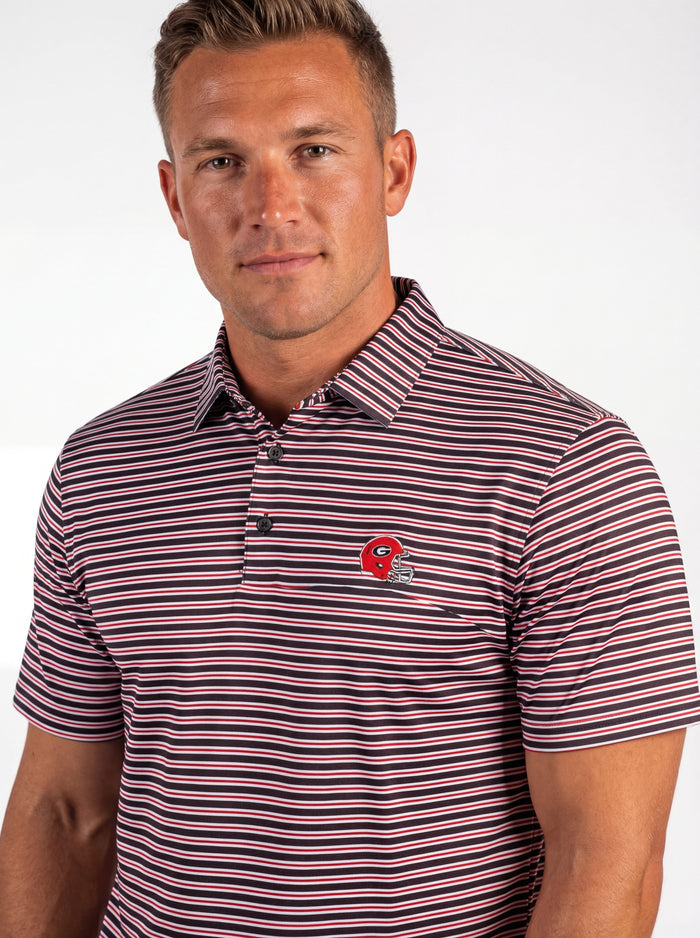 UGA Bulldogs men's Helmet Stripe polo shirt by Arena Graffiti, featuring a classic collar and stripe detail in team colors.