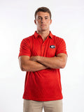 UGA Bulldogs men's red dot mark polo shirt by Arena Graffiti, showing the collar and front logo design.