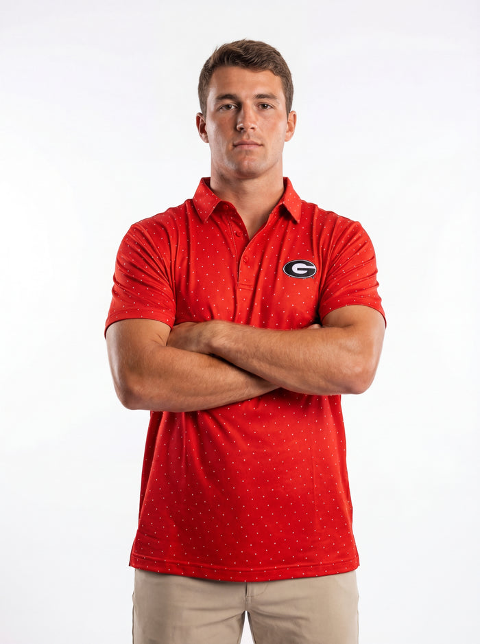 UGA Bulldogs men's red dot mark polo shirt by Arena Graffiti, showing the collar and front logo design.