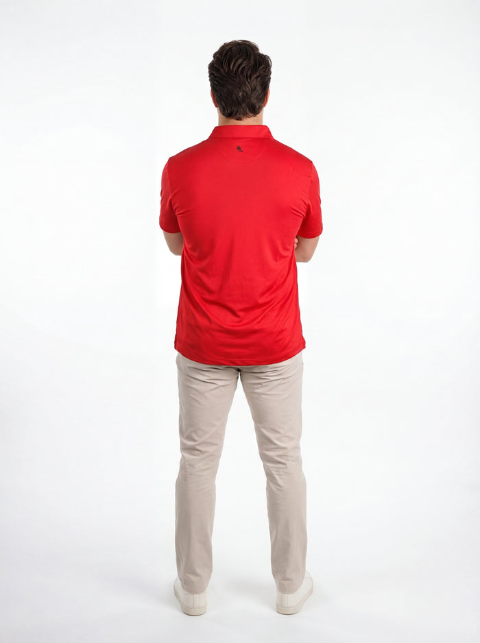 UGA Bulldogs men's red "Hedges" polo shirt by Arena Graffiti, featuring a classic collar and team logo on the chest.