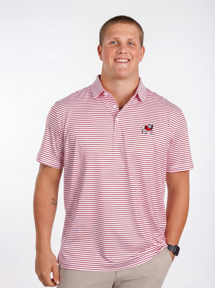 UGA Bulldogs men's "Standing Dawg" red and white striped polo shirt by Arena Graffiti, featuring the team logo and classic collar.