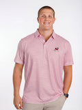 UGA Bulldogs men's "Standing Dawg" red and white striped polo shirt by Arena Graffiti, featuring the team logo and classic collar.