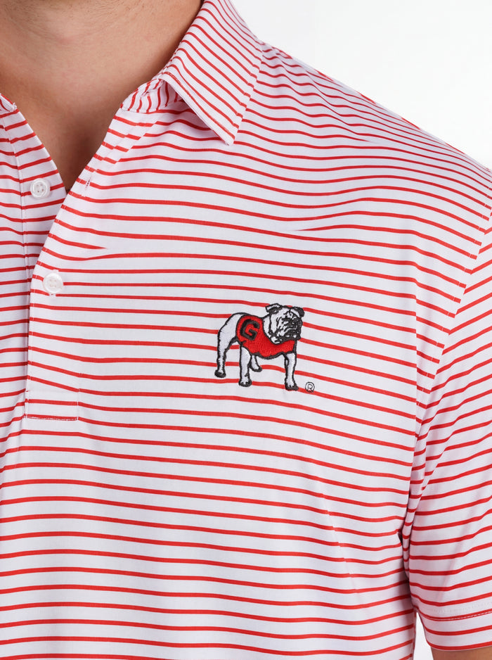 UGA Bulldogs men's "Standing Dawg" red and white striped polo shirt by Arena Graffiti, shown on a hanger.