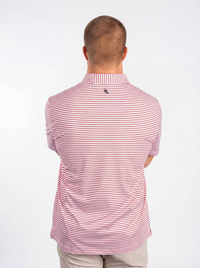 UGA Bulldogs men's "Standing Dawg" red and white striped polo shirt by Arena Graffiti, featuring team logo and casual fit.