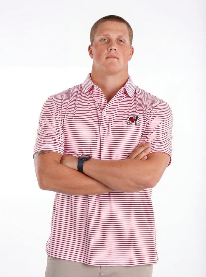 UGA Bulldogs men's "Standing Dawg" red and white striped polo shirt by Arena Graffiti, showing the front view with logo details.