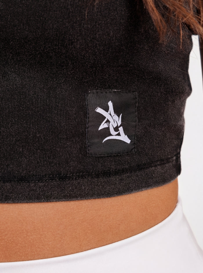 UGA Bulldogs women's "Oval G Bulldogs" crop top by Arena Graffiti, featuring team logo and stylish design on a black fabric background.