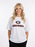 UGA Bulldogs women’s Georgia Mark Heavyweight T-shirt by Arena Graffiti, featuring team logo and bold graphic on white fabric