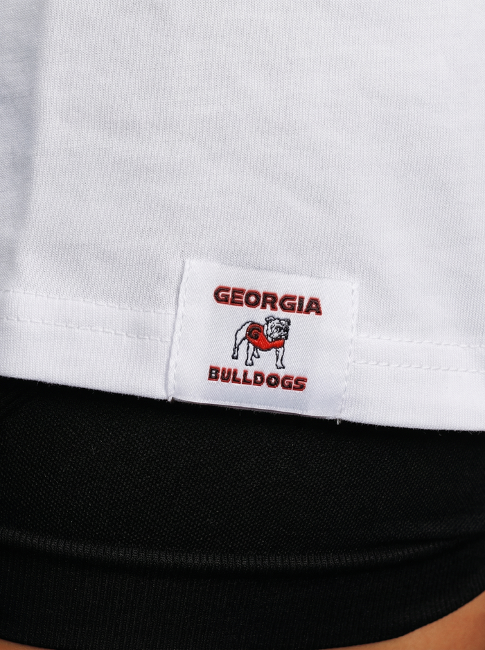 UGA Bulldogs women’s “Standing Dawg Heavyweight” tee by Arena Graffiti featuring a graphic of the Dawg mascot on white cotton fabric.