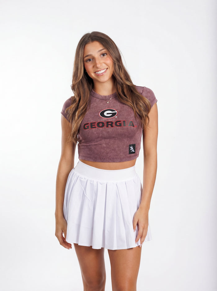 UGA Bulldogs women's vintage "G" crop top by Arena Graffiti, featuring a stylish athletic design and team logo.