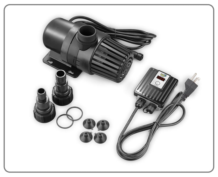 Black automatic fish pond pump kit with a digital temperature controller, two adapter nozzles, O-rings, and mounting feet, shown on a white background with a gray border.